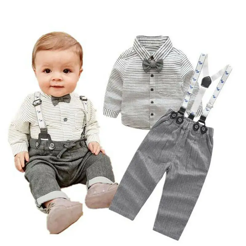 Pudcoco Toddler Baby Boy Clothes Striped Long Sleeve Gentleman Shirt Tops Strap Long Pants 2Pcs Outfits Clothes