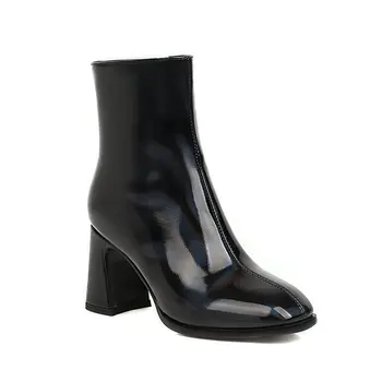 

2021 New Round Toe Casual Ankle Boots Stretch PU Leather Women Shoes Autumn Winter Square Heel Zipper Short Boots Size 34-43