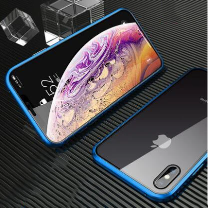 360 Полный Магнитный чехол для iPhone 11 Pro 11 Pro MAX Алюминиевый металлический бампер для iPhone XS XR XS MAX 8 7 6 6S Plus стеклянный чехол - Цвет: Transparent blue