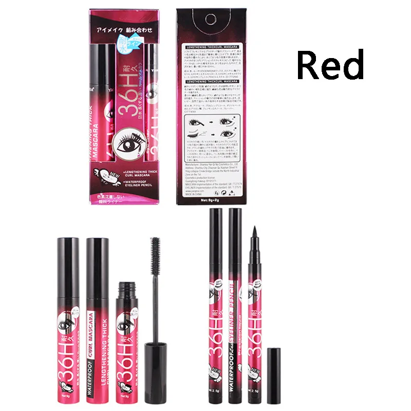 Два в одном подводка для глаз+ тушь для ресниц комбинированный костюм очаровательные женщины профессиональный макияж косметика эфирные водонепроницаемые толстые удлиненные - Цвет: Красный