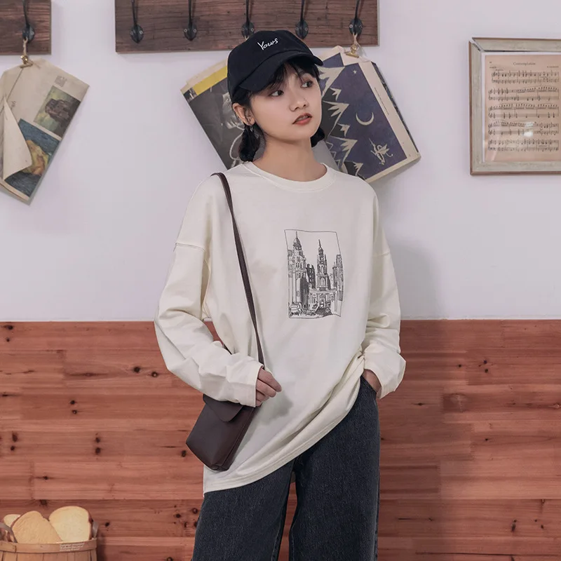 Spring Autumn Woman Tshirts Architecture Graphic Tee Full Appliques Fashion Cotton Soft Comfortable Loose Design Tops Harajuku