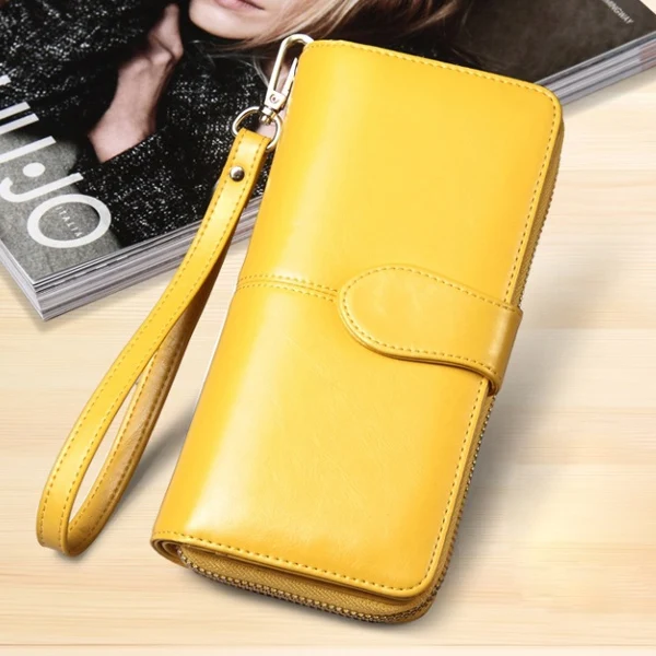 ACELURE Solid Color Women Long Wallets Simple Style Zipper& Hasp Purse With Card Holder Oil Wax Pu Leather Ladies Daily Wallet - Цвет: Yellow