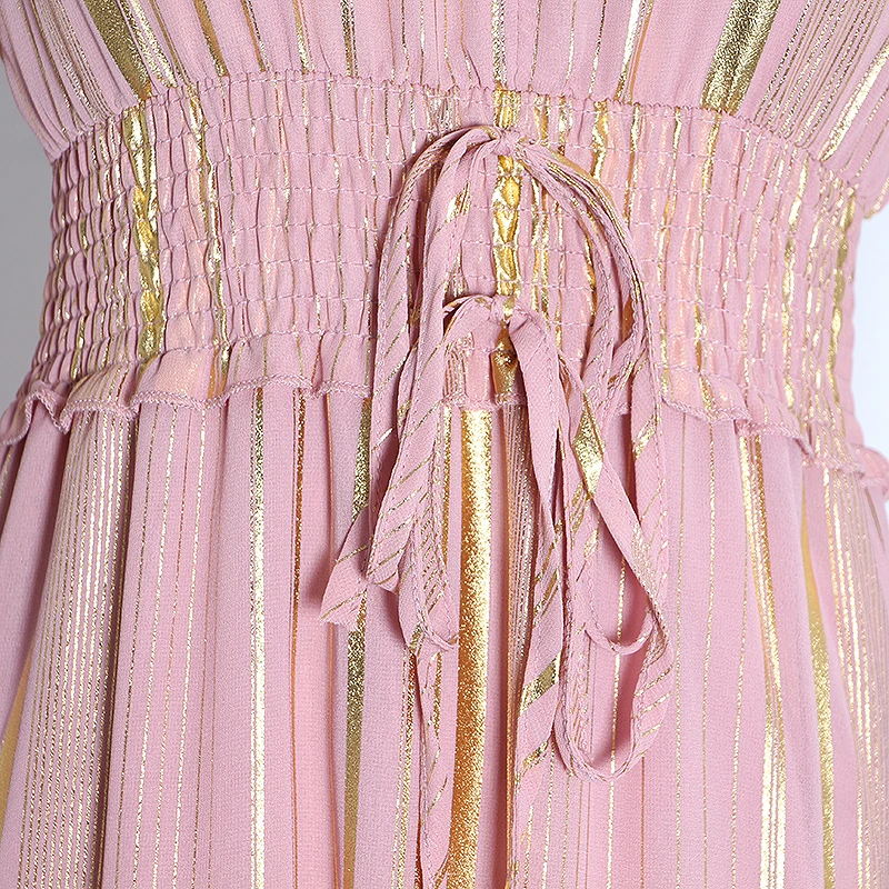 细节 (3).JPG TWOTWINSTYLE Sexy Striped Women Dress V Neck Butterfly Sleeve High Waist Lace Up Tunic Ruched Winter Dress Fashion Clothing New