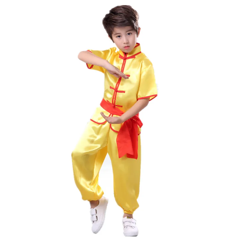 Yellow Short Set Wushu/детские костюмы, платья, короткая военная форма Tai Chi, детская шелковая одежда Wushu, Тан, одежда для людей - Цвет: Yellow Short Set