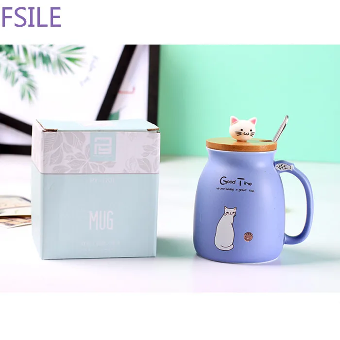 450ml Cartoon Ceramics Cat Mug With Lid and Spoon Coffee Milk Tea Mugs Breakfast Cup Drinkware Novelty Gifts