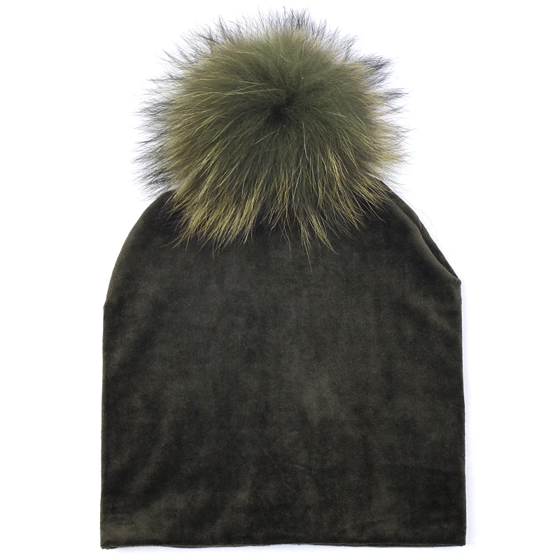 army green B Geebro, Женская Велюровая шапочка, 15 см., мех енота, помпон, зимняя, полиэстер, мягкая, теплая, громоздкая шапочка для женщин, женские бархатные шапки - Цвет: army green B