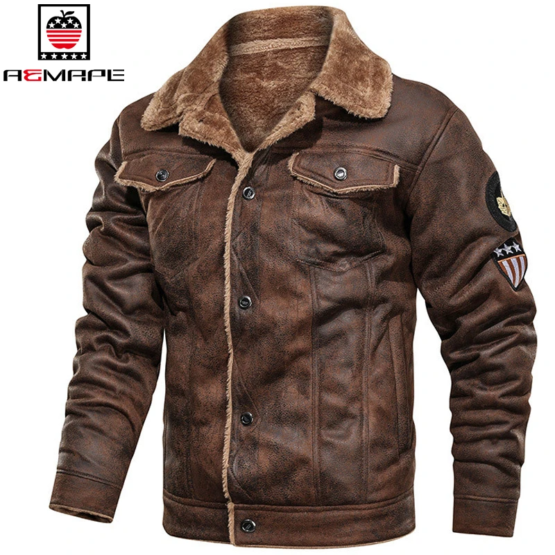 Pu Jacket Men Thick Warm Cashmere Military Bomber Tactical Leather Jackets Mens Outwear Fleece Fur Collar Windbreaker Coat Male leather varsity jacket