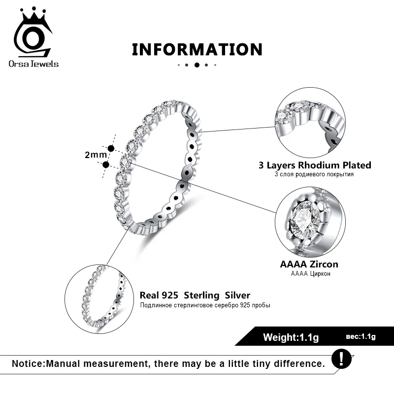 ORSA JEWELS, Настоящее серебро 925 пробы, складные кольца для женщин, полный круг, AAAA, циркониевое кольцо, кольца на палец, свадебные, обручальные ювелирные изделия SR145
