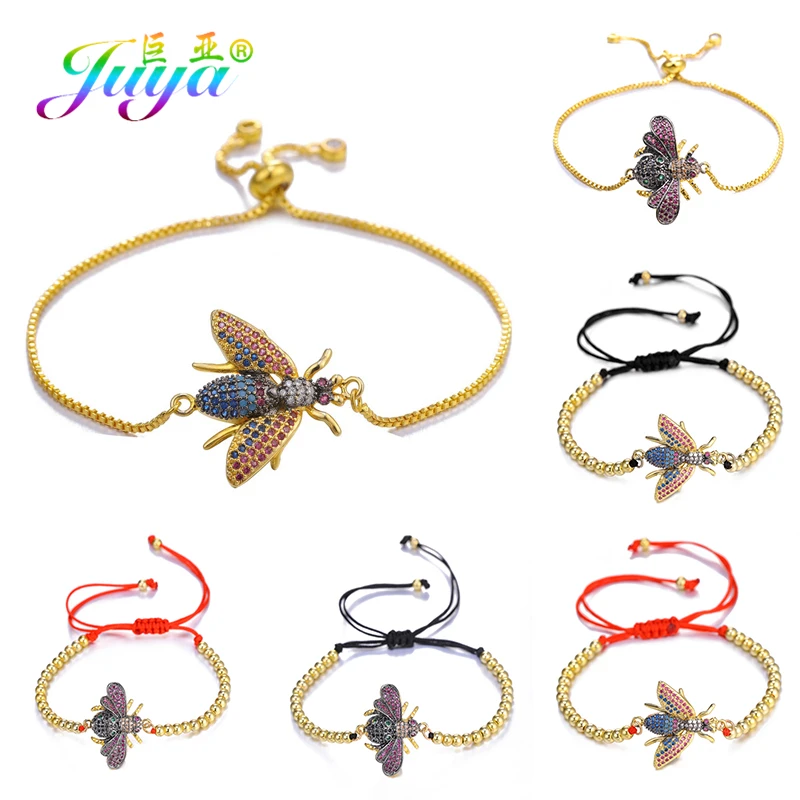 Juya Handmade Gold Bumblebee Charm Bracelets Supplies Multicolor Crystals Adjustable Slider Chains Insect Bracelet For Women Men