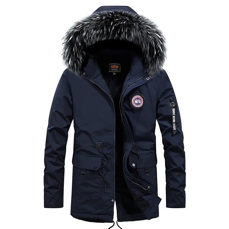 Дизайн плюс размер S-4XL Длинная зимняя мужская куртка с меховым капюшоном мужская одежда повседневные куртки утепленные парки Мужское пальто - Цвет: Navy-A