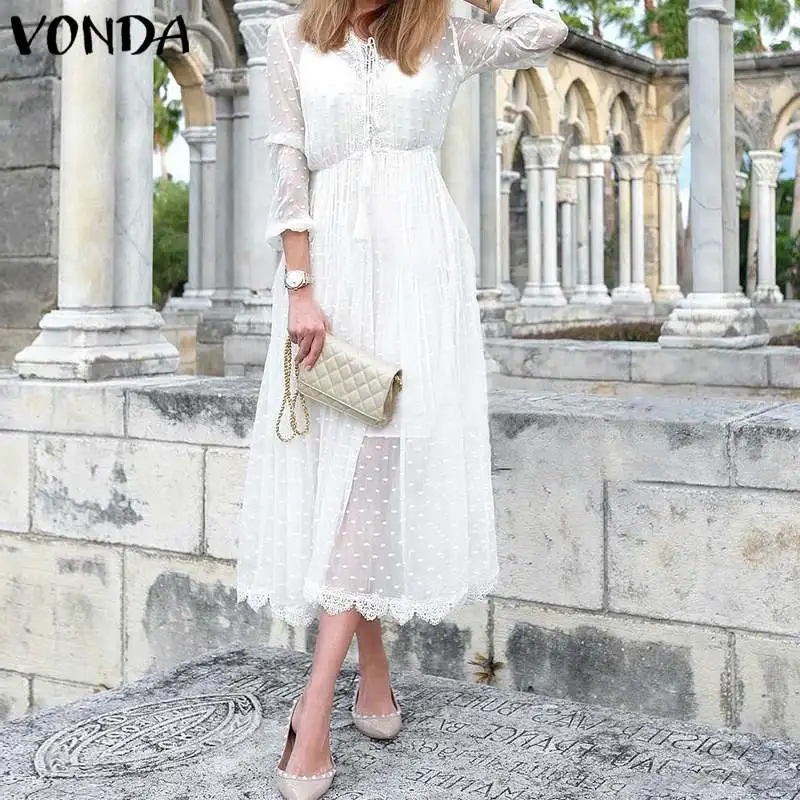 VONDA платье для беременных, сексуальное, в горошек, с кисточками, кружевное, полое, макси, длинное, на бретелях, платье, повседневное, свободное, Vestidos, летнее, сарафан