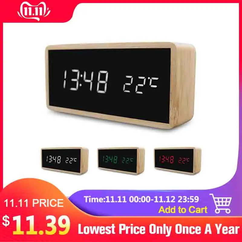 562.86руб. 33% СКИДКА|Деревянный Будильник, Ночной светильник, часы, светодиодный дисплей, зеркало, температура, цифровые часы, электронные часы, настольные, Звуковое управление, цифровой Рабочий стол-in Будильники from Дом и животные on AliExpress 
