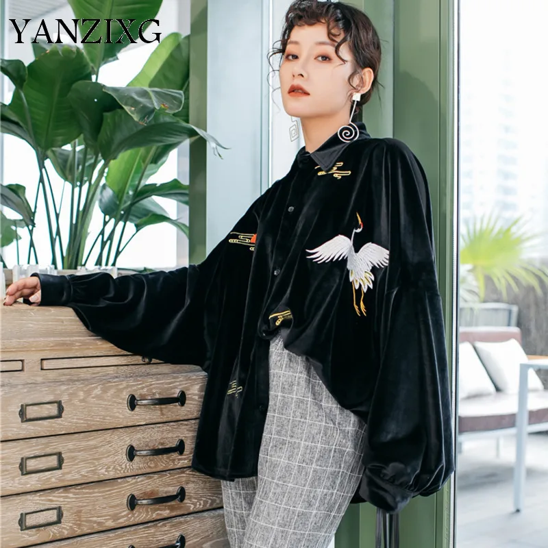 

Solid Color Embroidered Crane Long Sleeve Lapel Suede Loose Plus Woman Shirt Sweet Simple Fashion 2019 Autumn S178