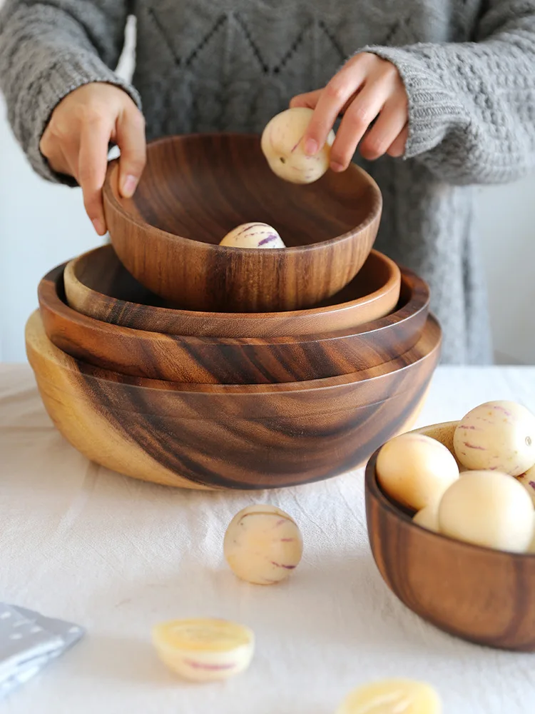 Japanese-style flat-bottomed Acacia wooden bowl, wooden hotel restaurant kitchen tableware, salad bowl, whole wooden soup bowl Japanese-style flat-bottomed Acacia wooden bowl, wooden hotel restaurant kitchen tableware, salad bowl, whole wooden soup bowl