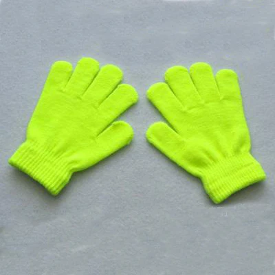 Fluorescent yellow Зимние теплые перчатки, детские вязаные эластичные варежки, Детские однотонные перчатки для девочек, перчатки на полный палец, Вязаные Случайные перчатки для мальчиков - Цвет: Fluorescent yellow