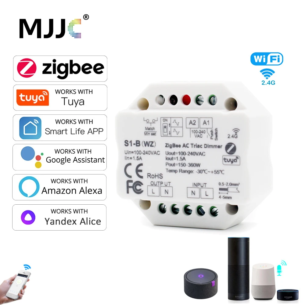 Zigbee Tuya LED Dimmer 220V 230V สมาร์ท RF 2.4G Push Switch รีโมทคอนโทรล AC Triac WIFI Dimmer S1-B WZ สําหรับหลอดไฟ LED สีเดียว 1