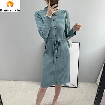 

Knitted Women 2020 Long Sleeve Sweater Winter Turn Down Collar Women Long Pullovers Winter Sweater Dress Femme Tricot Pull Femme