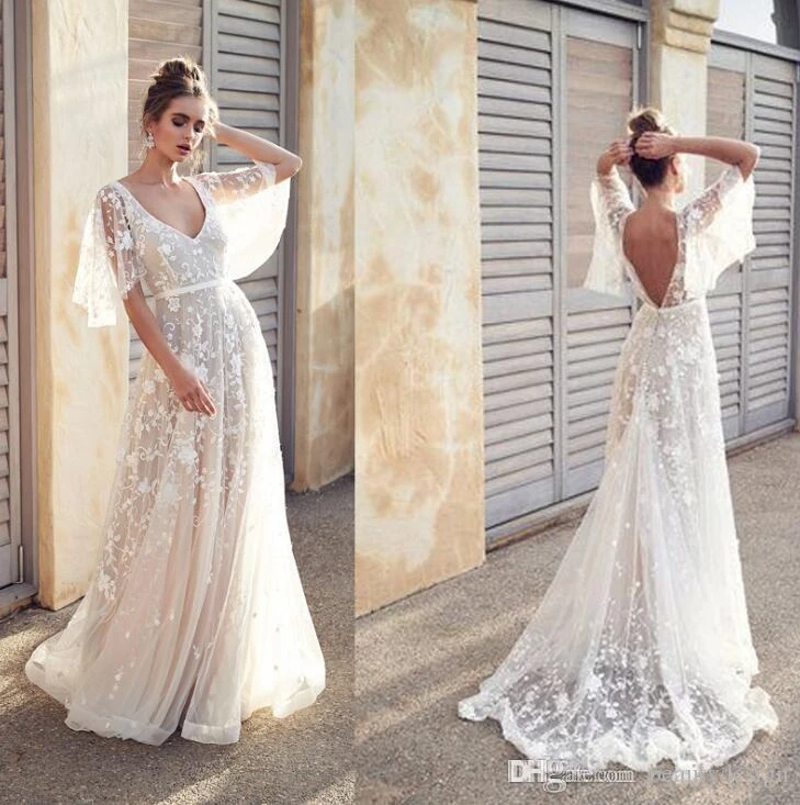 Boho Wedding Dress Lace A-line White Simple Bohemian Beach Dresses ...