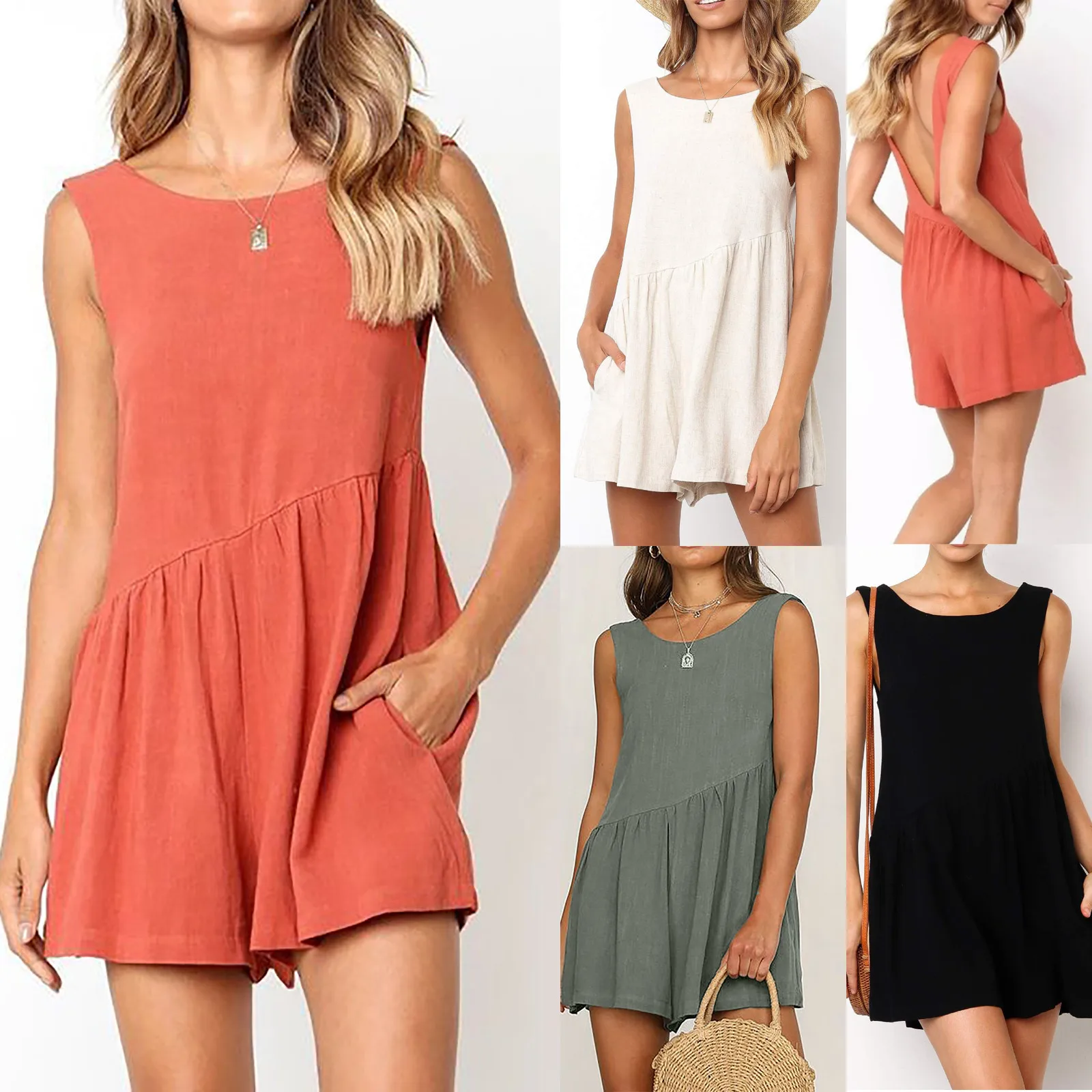 

Комбинезон женский однотонный из хлопка и льна, Свободный Повседневный ромпер с карманами, с лямкой на шее, без рукавов, с прострочкой, летняя одежда