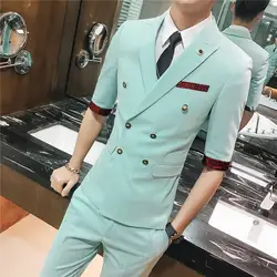 Мужская одежда, новый мужской костюм с рукавом в семь точек, Одноцветный костюм из трех предметов, мужской двубортный костюм с рукавами