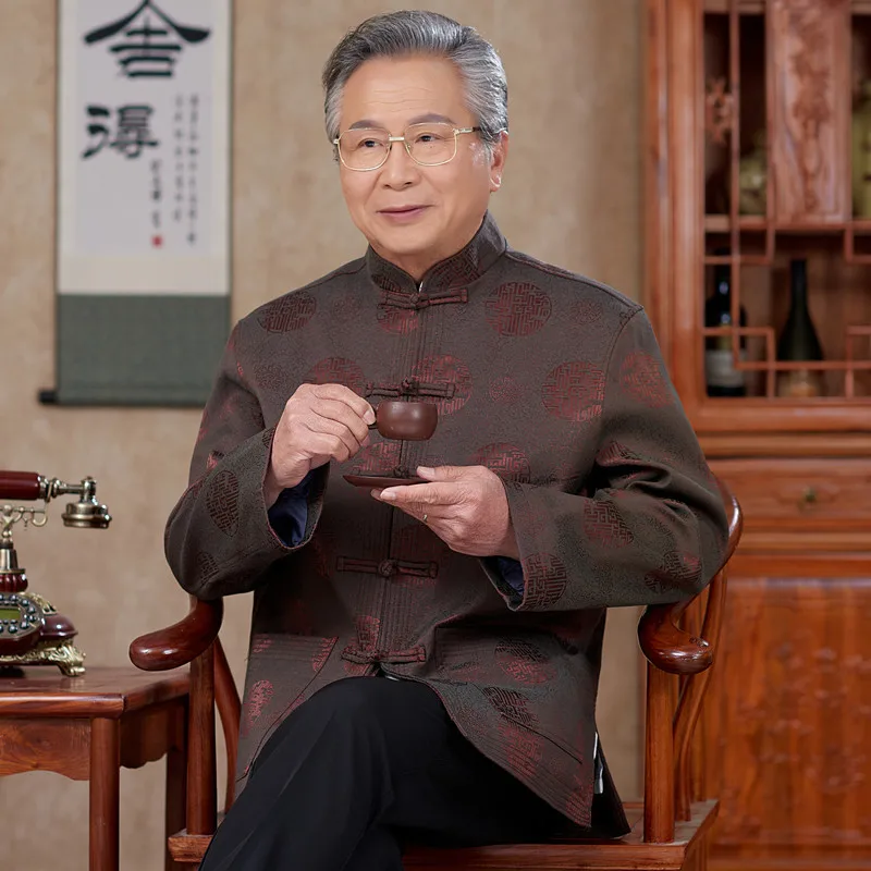 

Grandpa Spring And Autumn Chinese Costume Men's Middle Aged And Elderly People Long-sleeved Coat Festive Wedding Daddy Clothes o
