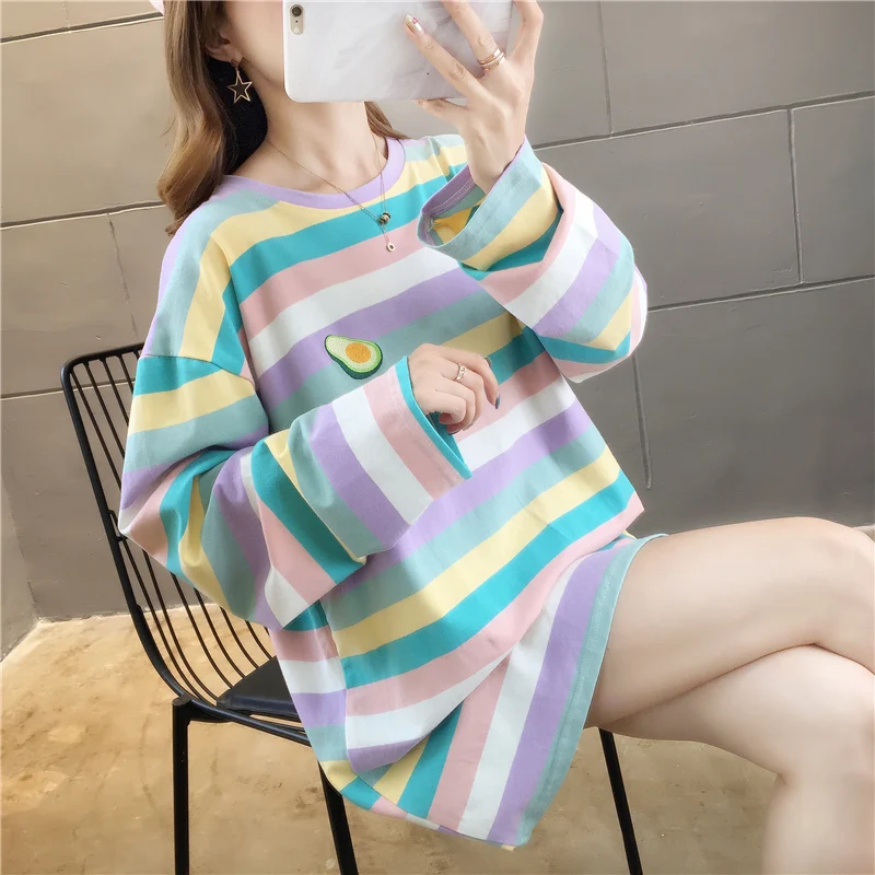 Fall Harajuku Kawaii Oversized T Shirt Women Autumn Rainbow Striped Shirt For Girls Long Sleeve Korean tshirt Ladies Tops