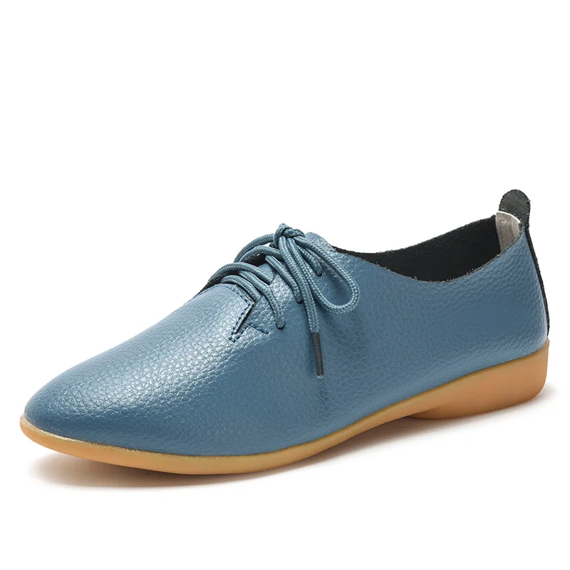 Comfortable Women Shoes Casual Genuine Leather Autumn Flat Women Shoes Moccasins Loafers Lace Up Ladies Leather Shoes Fashion - Цвет: 18880light blue