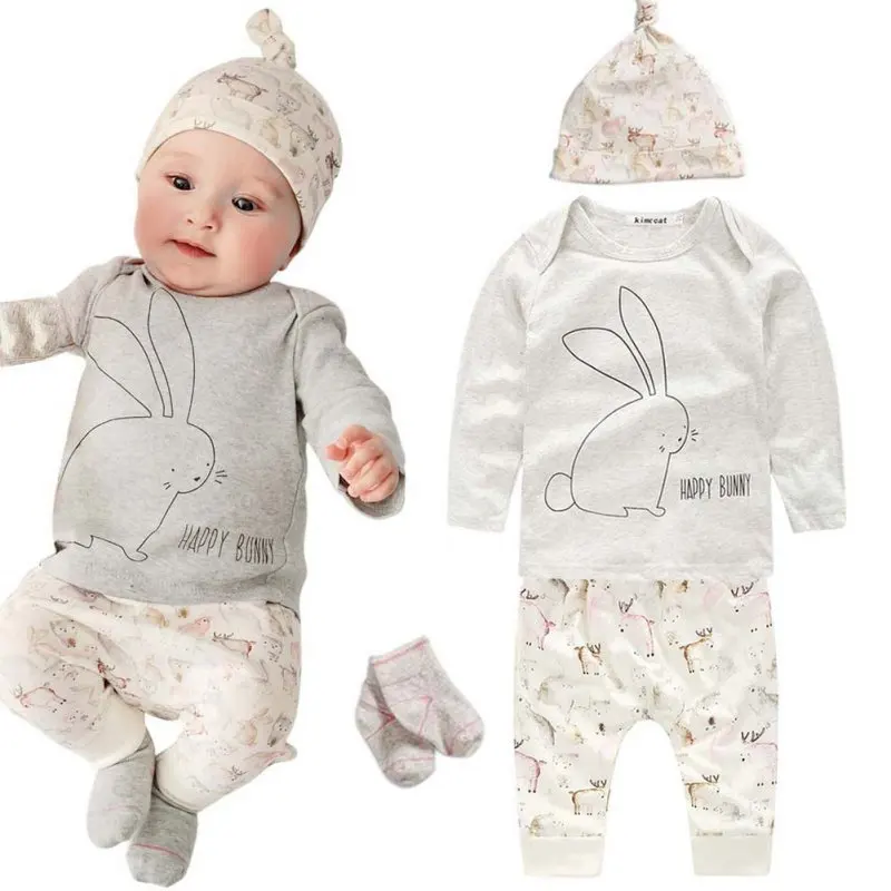 

3 Pcs Kids Baby Boys Girls Clothes Set Bunny Pattern Top + Pants + Hat Outfits newborn baby girl clothes 0-4Y #E