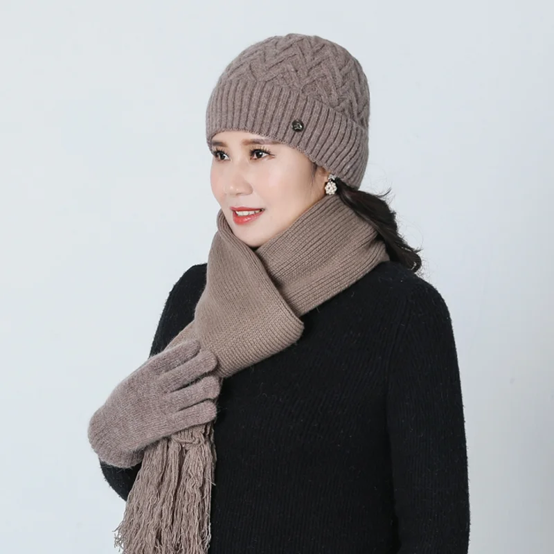 Высококачественная женская шапка из кроличьей шерсти для пожилых женщин, осенняя и зимняя теплая вязаная шерстяная шапка, Шапка-бини, шарф из трех частей