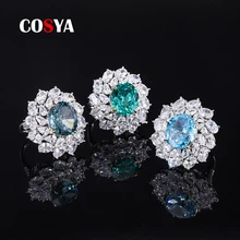 

COSYA 100% 925 Sterling Silver 12*14mm Tourmaline Paraiba Aquamarine Mint Green High Carbon Diamond Rings For Women Fine Jewelry
