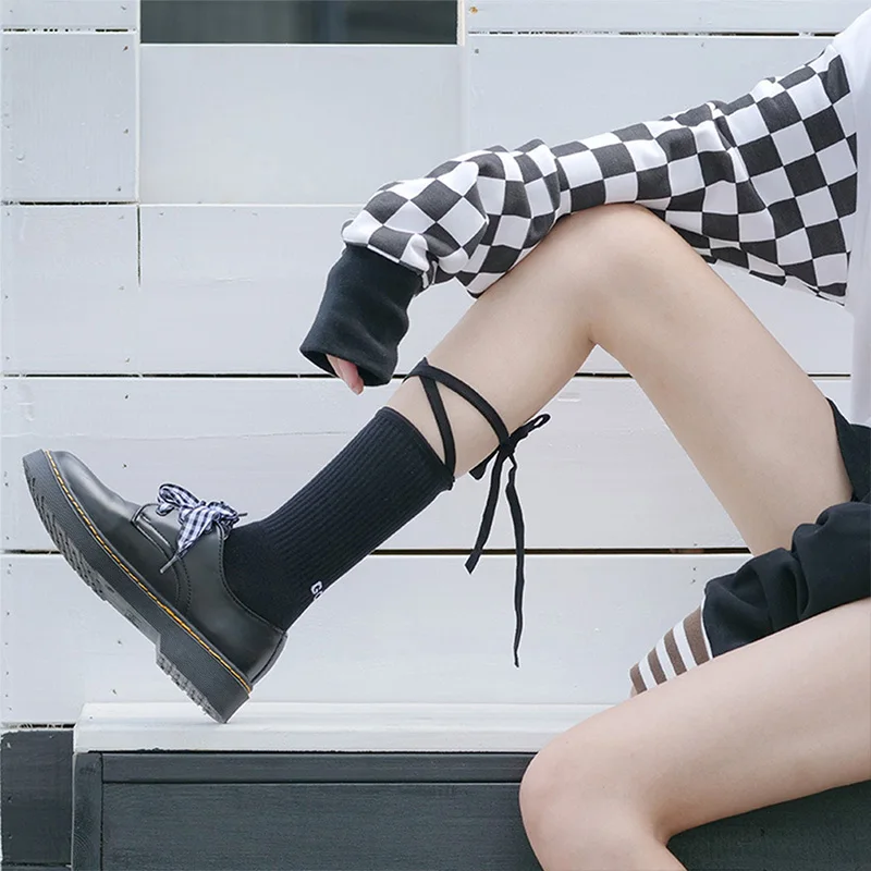Модные носки на шнуровке, японские хлопковые носки ручной работы, носки с завязками, женские повседневные удобные носки, одноцветные носки