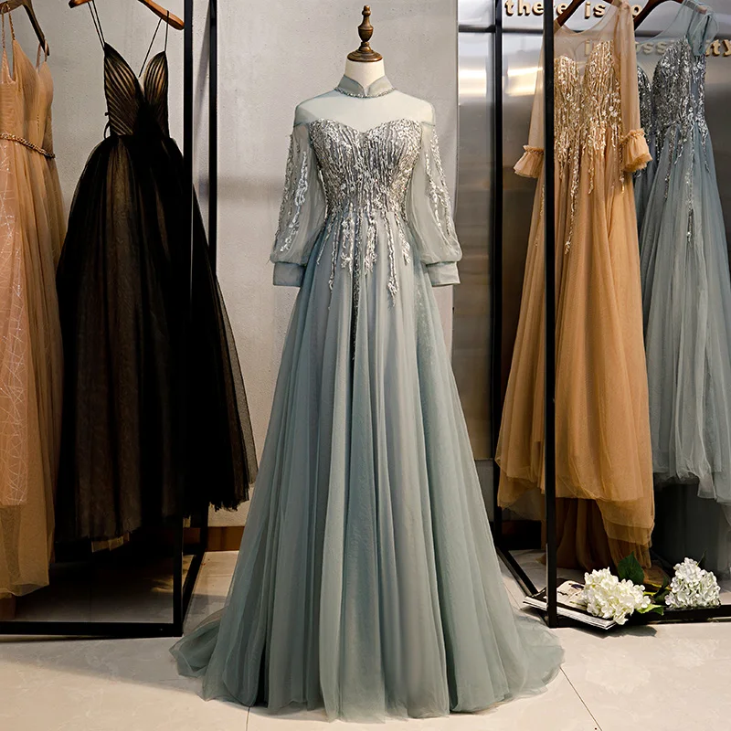 

2019 New Evening Dress Long For Graduation Party Dress High Neck Full Sleeve Vintage Prom Formal Evening Dresses Long
