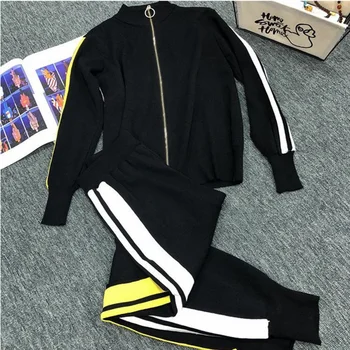 

2020 Spring Knitted Suit Stand Collar Color Matching Knit Cardigan Long Sleeve Top Casual Stripe Harem Pants Women 2 Piece Sets