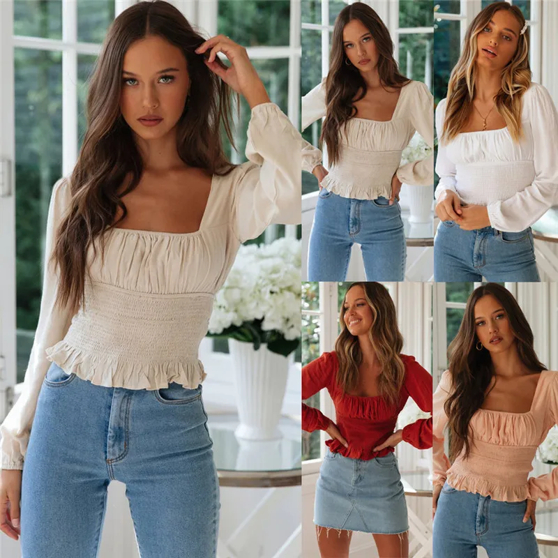 

Womens Ladies Summer Beach Long Sleeves Crop Tops Casual T-Shirt Blouse Tops Slim Ruffle Crop Top Neck Long Sleeve O-Neck Tops