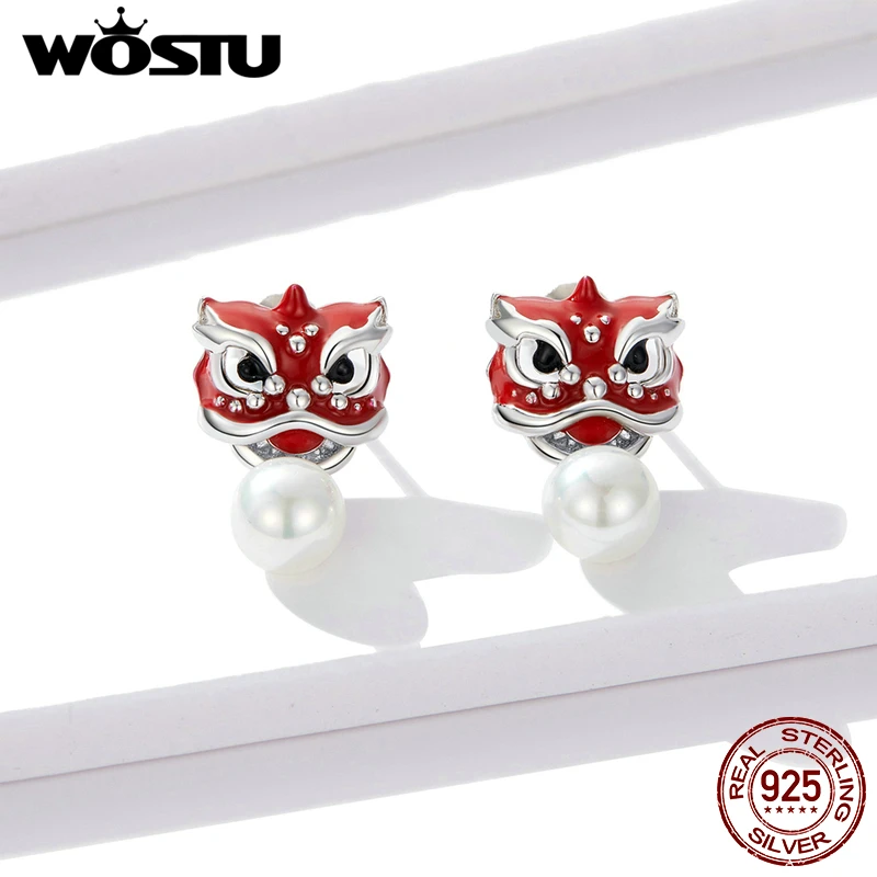 WOSTU Genuine 925 Sterling Silver Chiness Lion Dance Drop Earrings Red Enamel Pearl For Women Lucky Jewelry FNE333 | Украшения и