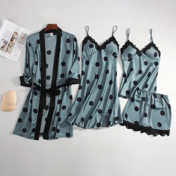 

Print Women Green 4PCS SET Nightwear Intimate Lingerie Satin Sexy Homewear Nightgown Summer New Sleepwear Home Clothing