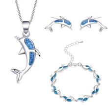 Очарование Летний пляж Браслет-Дельфин опаловые наборы для женщин девушка кулон ожерелья серебряного цвета серьги и кольцо Свадебные ювелирные изделия подарок