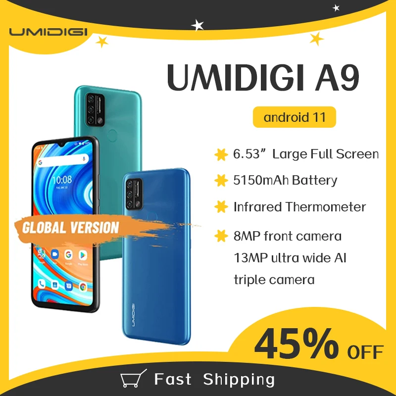 Original UMIDIGI A9 mundial versión Android 11 3GB 64GB 13MP AI Triple Cámara Helio G25 Octa Core 6,53 HD + 5150mAh teléfono móvil