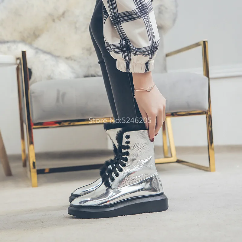 Silver Fashion Women Boots Lace Up Round Toe Fashion waterproof Patent Leather Women Shoes Platform Fur Ankle Boots