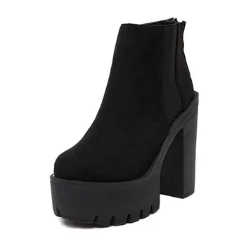 

Fashion Black Ankle Boots For Women Thick Heels Spring Autumn Flock Platform Shoes High Heels Black Zipper Ladies Boots