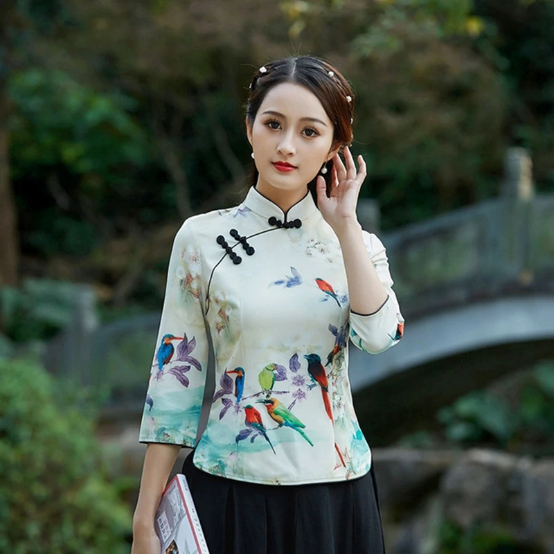 New Medium sleeve Printing cheongsam shirt antique fashion literary retro Tang Suit Tops women's clothing Daily Shirt - Color: Apricot