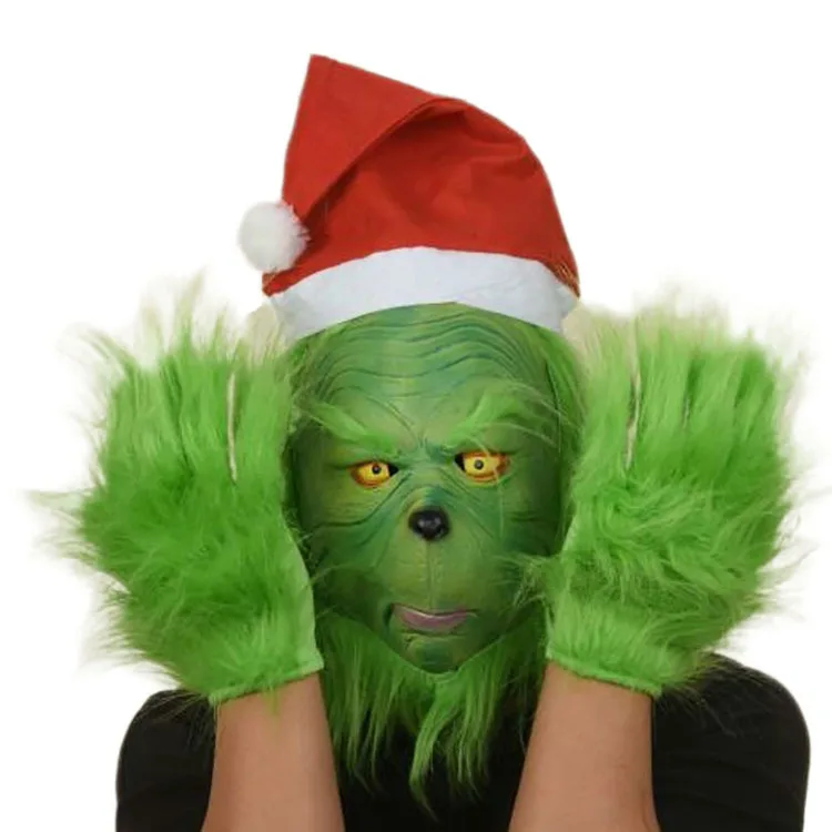 Рождественский костюм Grinch латексная маска мяч костюм для мероприятия шлем вечерние маски реквизит Рождественские украшения зеленая маска для волос маска на Хэллоуин - Цвет: (with hat)suit