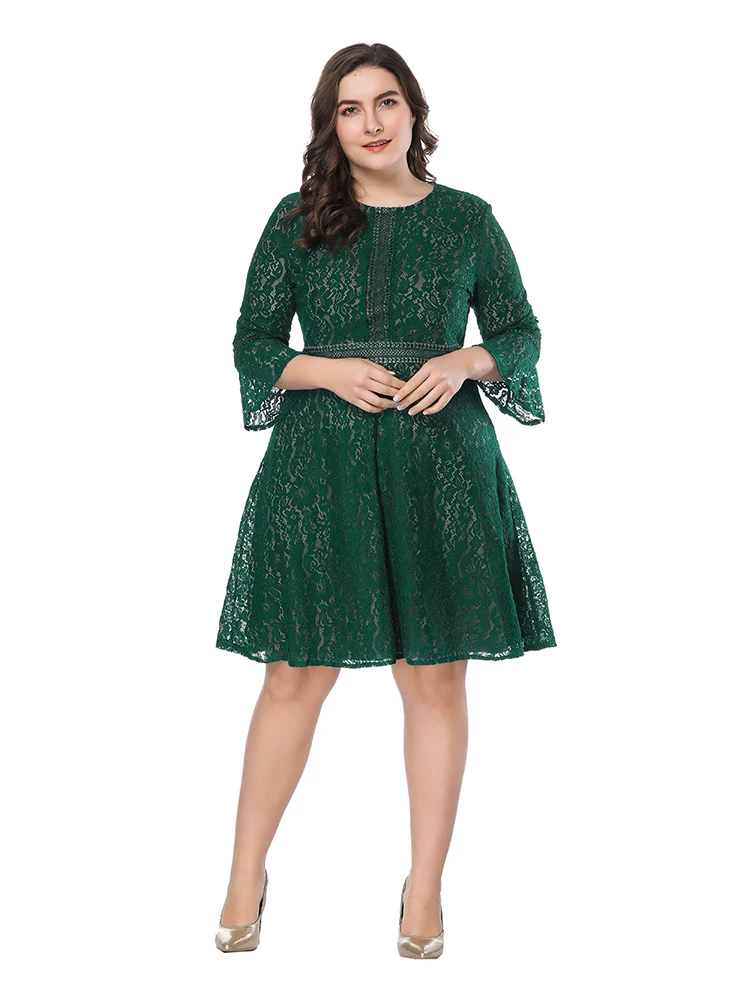 

Dark Greem Formal Lace Dress Women O-neck Plus Size Elegant Navy Blue Cut Out Lace Vestioes Three Quarter Sleeve Party Dresses