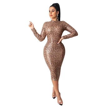 

Leopard Dress Women Sequin Dress Turtleneck High Waist Skinny Clubwear Sexy Dress Long Sleeve Maxi Package Hip Bodycon Dress