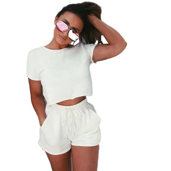 

Summer Women Sets Clothes Loose Shorts T Shirt O Neck Leaking Navel Short Sleeve Elastic Waist Shorts Suit Female Tracksuit