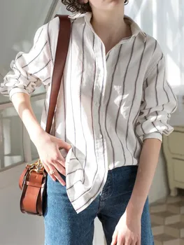 

Women's Linen Stripe OL Blouse Early Autumn lady Turn Down Collar Long Sleeve Loose Shirt Top with Buttons