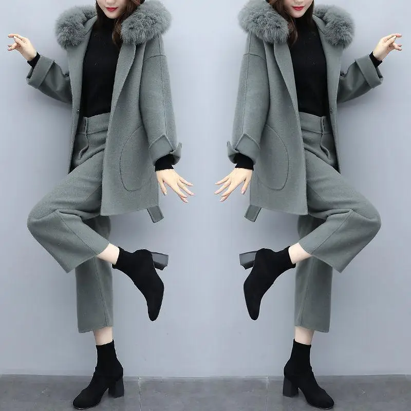 

2020 New Women's Winter Korean-Style Loose and Plus-sized Fur Collar Woolen Coat & Trousers Two-Piece Fashion Suit, Female