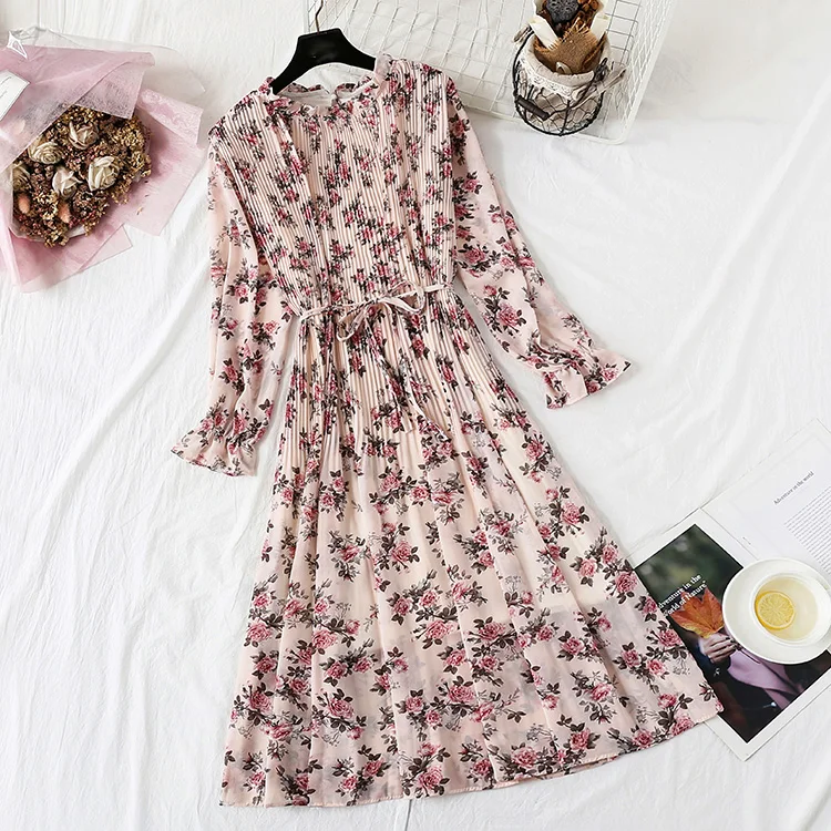 Vestido longo feminino, estampa floral plissado chiffon