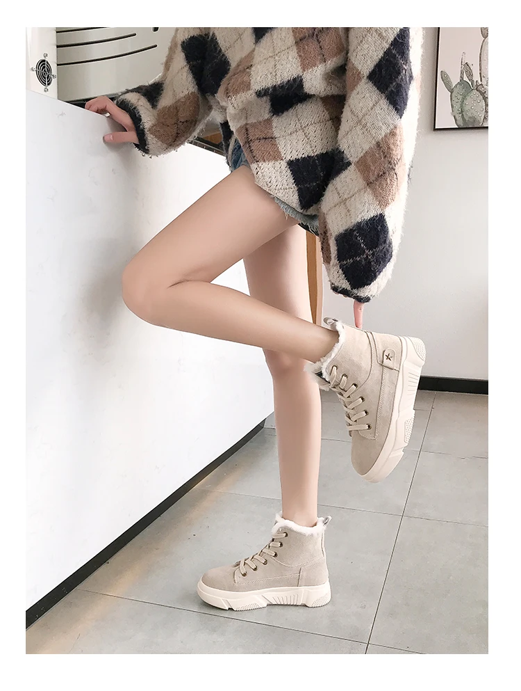 Aphixta Platform Shoes Winter Snow Boots Women Ankle Boots Flat Heel Star Lace-up Fur Bottes Flock Warm Plush Shoes Woman Boot