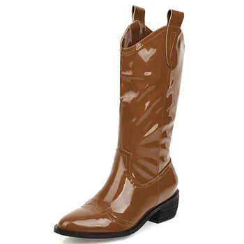 

Karinluna 2020 High Fashionl women shoes Classics Slip-On Short Plush Western Patent Pointed Toe Low Thick Heels Boots